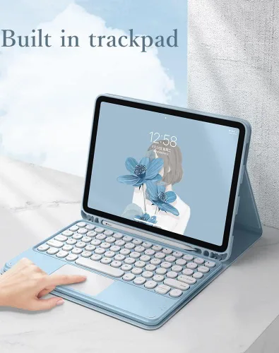 Vista 2 de Funda de teclado con panel táctil para iPad 6 iPad 5 Air 2 Pro de 9.7 pulgadas con teclado táctil retro de teclas redondas con ratón, teclado