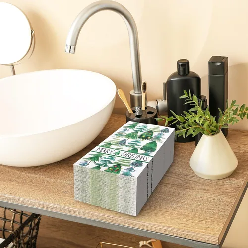 Vista 5 de Servilletas de Navidad para invitados de Navidad, árbol de Navidad, servilletas de papel desechables de 3 capas de acuarela verde para cena