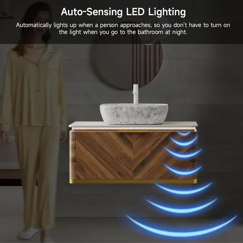 Vista 4 de LKTART Mueble de baño flotante de 36 pulgadas con fregadero, moderno armario de almacenamiento montado en la pared con luz LED, lavabo de cerámica
