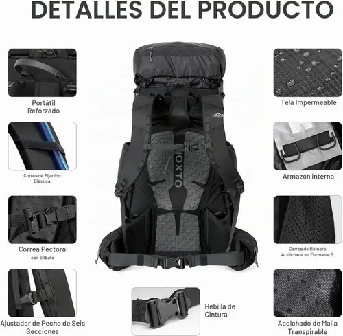Vista 5 de IX INOXTO 55L Mochila con armazón interno resistente al agua para senderismo y camping con vejiga de agua de 3L y cubierta contra la lluvia, mochila
