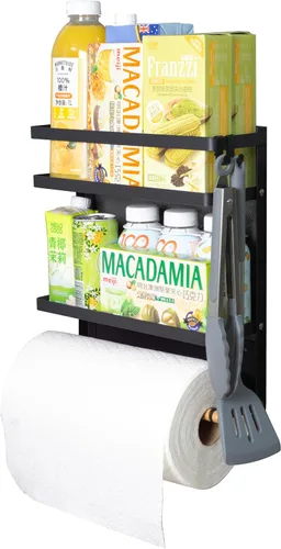 Vista 2 de Organizador de estante para refrigerador, soporte magnético para toallas de papel, para cocina, refrigerador, especias, almacenamiento (negro)