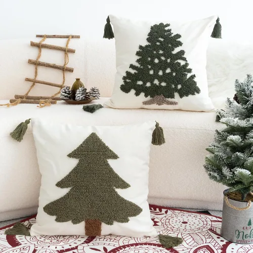 Vista 5 de Funda de almohada verde copetuda con borlas, funda de cojín tejida a mano para decoración del hogar de vacaciones de invierno, 18 x 18 pulgadas, 1