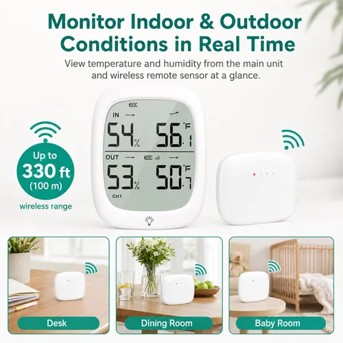 Vista 2 de RUIKORING Wireless Indoor Outdoor Thermometer Hygrometer, 330 ft Sensor High Accuracy Digital Temperature Humidity Monitor, Large Backlit Display