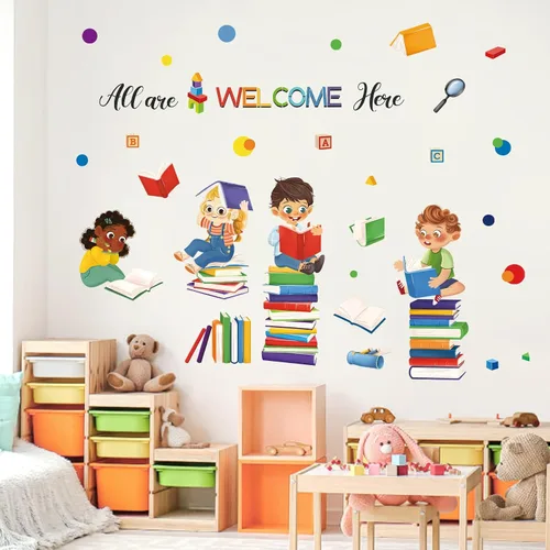 Vista 4 de wondever Calcomanías de pared de esquina de lectura, citas inspiradoras para niños, con citas inspiradoras All are Welcome Here Peel and Stick