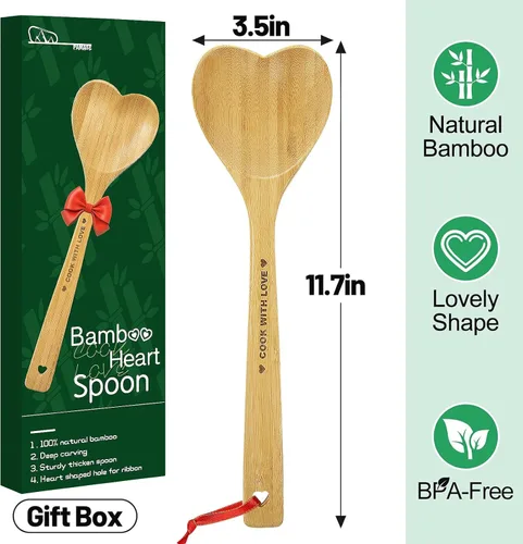 Vista 5 de Cuchara de bambú en forma de corazón para cocinar, cocina de madera con cuchara de amor, utensilios de cocina, regalos para abuela, mamá, pareja