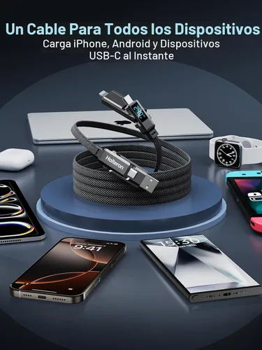 Vista 5 de Cable de carga 4 en 1 de 5 pies, 240 W USB C a USB C cable de carga rápida trenzado plano combo de cable cargador para iPhone USB A/C a C/L