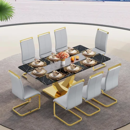 Vista 16 de Juego de mesa de comedor negra para 4, 63 x 35.4 x 30 pulgadas, mesa de comedor moderna rectangular con patas y base de acero inoxidable, sillas