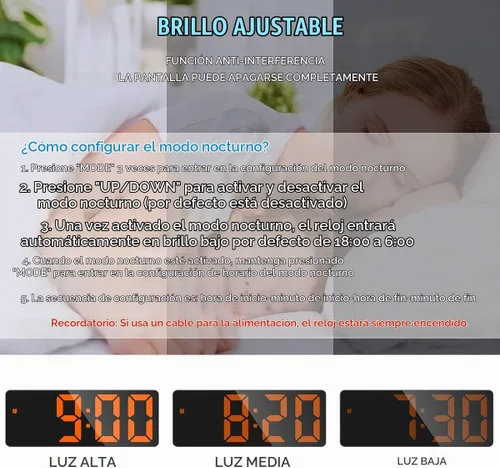 Vista 3 de AMIR Reloj despertador digital, reloj LED para dormitorio, reloj electrónico de escritorio con pantalla de temperatura, brillo ajustable, control
