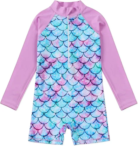 Vista 3 de AmzBarley Traje de baño de sirena para niñas, camiseta de protección contra sarpullido, traje de baño de una pieza para niños, traje de baño