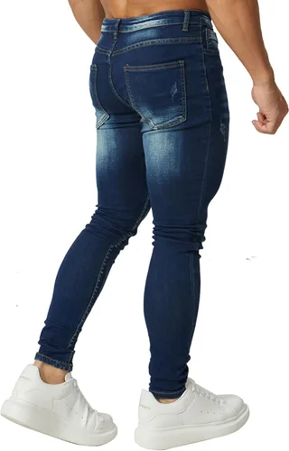 Vista 3 de HUNGSON Men's Blue Slim Fit Jeans Stretch Destroyed Ripped Skinny Jeans Side Striped Denim Pants