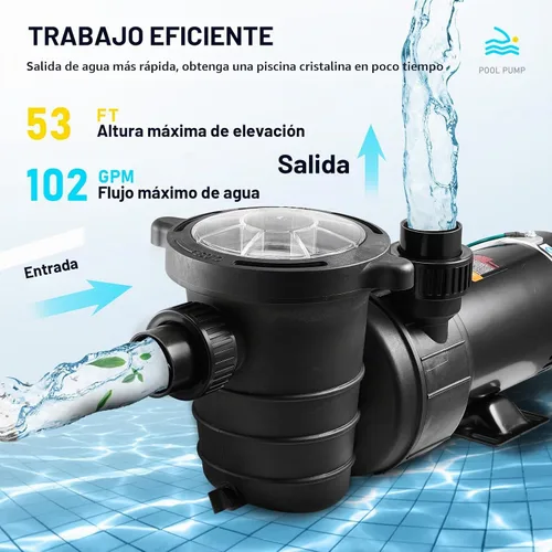 Vista 5 de VEVOR Bomba de piscina 2 HP 6090 GPH Max Flow Bomba de velocidad única, 115