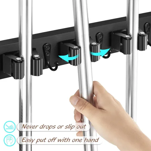 Vista 2 de Paquete de 2 Soportes Negros para Escoba y Trapeador de Montaje en Pared - Colgador de Escoba y Trapeador de Madera - Organizador de Estante