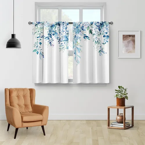 Vista 2 de Aimego Cortinas de Cocina de Eucalipto Primaveral - Hojas de Plantas de Acuarela Floral Azul con Cortinas de Nivel Botánico Floral para Cafetería