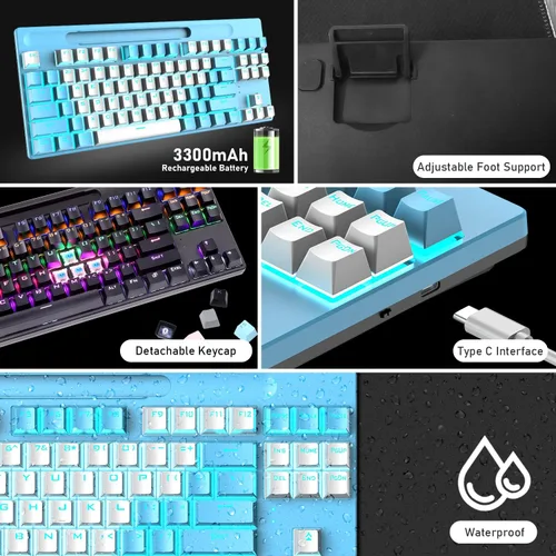 Vista 6 de Teclado mecánico Bluetooth para juegos con retroiluminación múltiple de 87 teclas, antirfantasma, ergonómico, con cableinalámbrico, receptor USB
