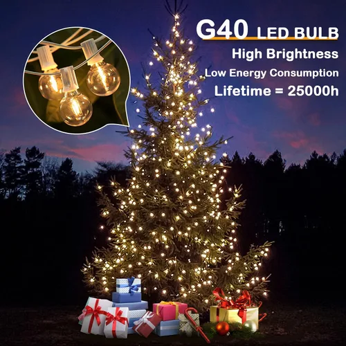 Vista 5 de Luces de Cadena LED G40 Globo de 50 Pies Blancas, Luces de Cadena Irrompibles para Patio Exterior 2200K con 50+2 Bombillas Edison Regulables, Luces