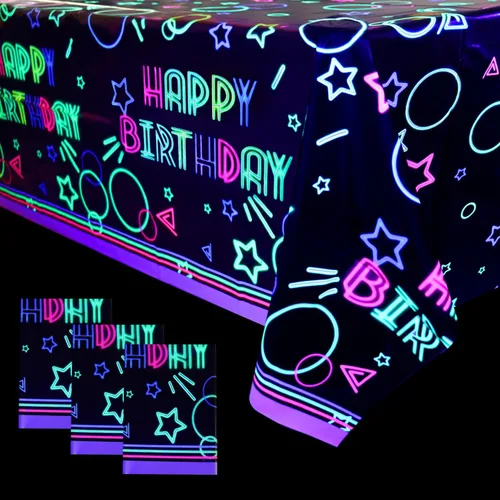 Vista 10 de Paquete de 3 suministros para manteles de fiesta que brillan en la oscuridad, mantel desechable de plástico neón, mantel rectangular con estampado
