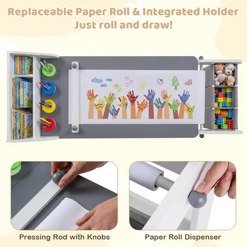 Vista 3 de Costzon Mesa y silla de arte para niños, mesa de madera para manualidades con rollo de papel y contenedores de tela para dibujar, leer, estudiar