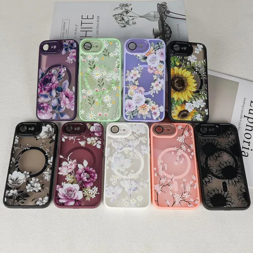 Vista 7 de Compatible con iPhone 16E - Funda magnética mate translúcida negra, cubierta trasera dura con bonito patrón de flores y funda magnética de lujo a