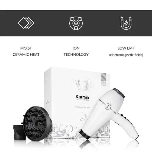 Vista 2 de KARMIN Salon Series - Secador de pelo iónico profesional, iones negativos positivos, secador de cerámica, ligero, secado rápido, 2 velocidades y 3
