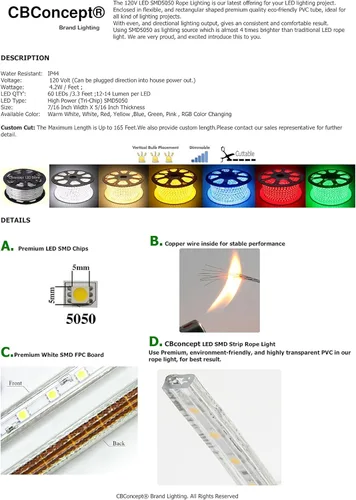 Vista 6 de CBconcept Listado UL, 50 pies, 5500 lúmenes, 6000 K blanco puro, regulable, tira de luz LED plana flexible de 110-120 V CA, 930 unidades 3528 LED