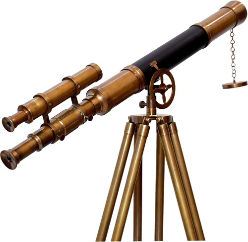 Vista 2 de Telescopio antiguo de latón cubierto de cuero con trípode ajustable de madera/latón náutico auténtico de alto aumento manual de enfoque de ajuste