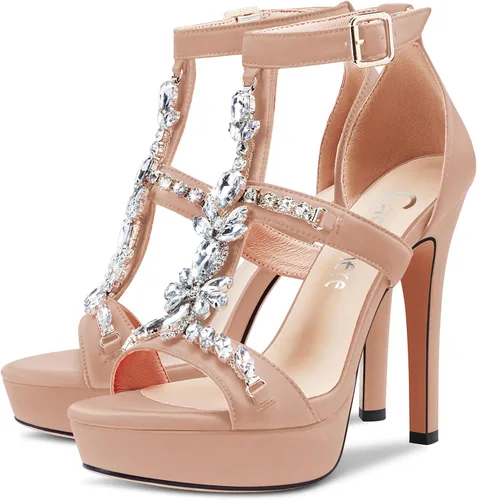 Vista 3 de CASTAMERE Sandalias de tacón alto con plataforma y punta abierta para mujer, estilo romano, diamantes de cristal, boda, fiesta, sexy, 5.1 pulgadas