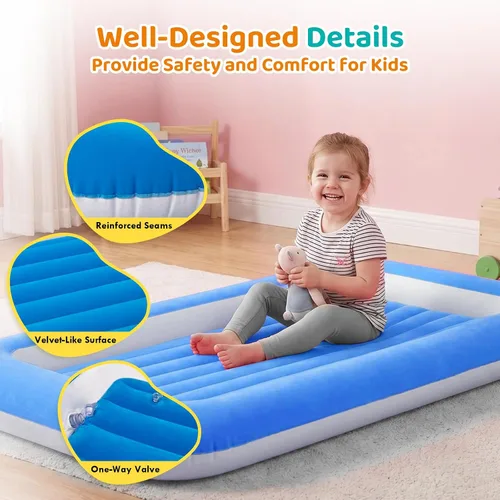 Vista 4 de Cama de aire para niños, colchón inflable para viaje de bebé con laterales, azul
