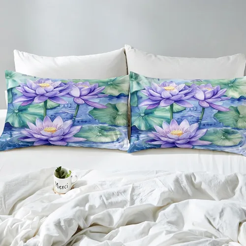 Vista 7 de Manfei Juego de sábanas de flor de loto morado, tamaño individual, juego de ropa de cama bohemio con libélula para niños, niñas y adultos, juego