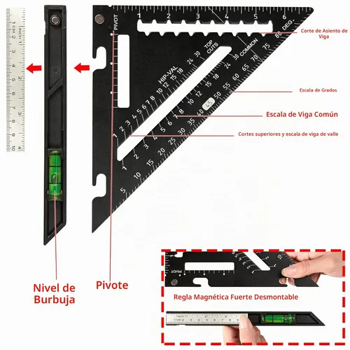 Vista 2 de Beslands - Carpintero cuadrado de 7 pulgadas con nivel, regla de triángulo cuadrada de metal de aluminio, herramienta de diseño de carpintería Negro