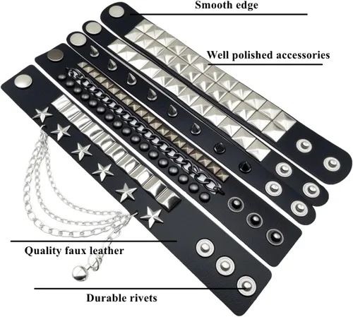 Vista 5 de 5 pulseras de cuero para hombres y mujeres, punk, gótico, rock, con pinchos de los años 80, accesorios de metal con tachuelas, pulsera negra