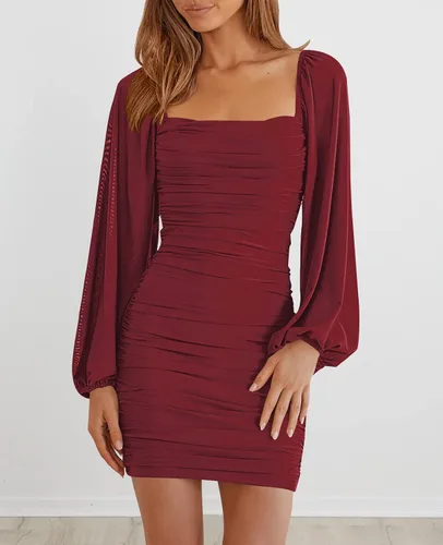 Vista 2 de MEROKEETY Minivestido de manga larga con cuello cuadrado para mujer