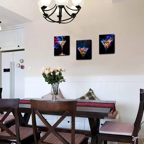 Vista 4 de Biuteawal - 3 piezas de arte de pared colorido vino espumoso, pintura sobre lienzo, bebidas de vino, impresión artística para decoración de fiestas