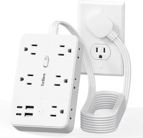 Vista 8 de Cable de extensión plano de 1 pie con protector de sobretensiones, 10 salidas de CA y 4 puertos USB (5V/3.4A 17W), 1080J, estación de carga