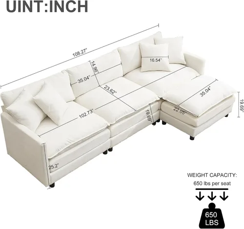 Vista 2 de Sofá modular modular de pana de 108.27 pulgadas, moderno juego de sofá para sala de estar con 3 asientos, 1 otomana y 3 almohadas, cómodos sofás
