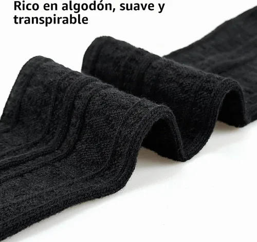 Vista 3 de Bestjybt Calcetines altos hasta el muslo para mujer de algodón con punto trenzado por encima de la rodilla, medias tipo bota, calentadores de Negro