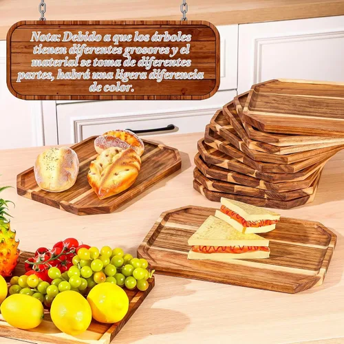 Vista 5 de Dandat Paquete de 12 platos de madera de acacia para servir de 10 x 5.5 pulgadas, bandeja rústica rectangular para charcutería, plato de queso