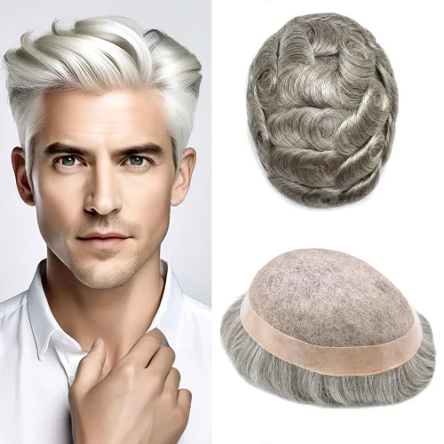 Vista 64 de Toupee de cabello humano fino mono revestido de poliéster para hombre, postizo de monofilamento duradero NPU monofilamento tupé para hombres