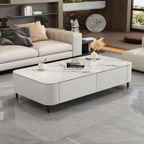 Vista 7 de LAKIQ Mesa auxiliar moderna con cajones de almacenamiento, mesa central rectangular para sala de estar