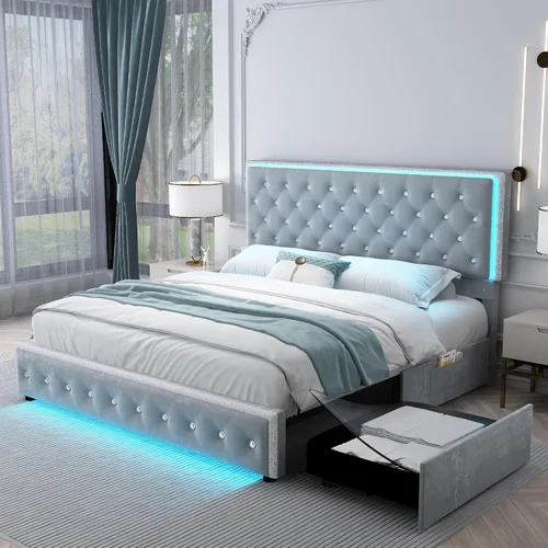 Vista 13 de SIBEDS Base de cama completa con LED y 2 cajones, marco de cama de plataforma de metal resistente de tamaño completo con cabecera ajustable con Negro