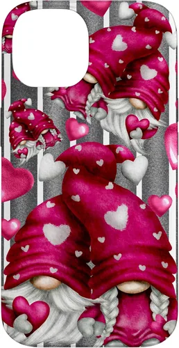 Vista 4 de Pink Heart Pattern On Grey Striped Decor Valentine Gnome Case for iPhone 17