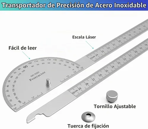 Vista 6 de ForoGore Transportador de acero inoxidable de 180 grados, regla de dos brazos, transportador de ángulo ajustable, regla de carpintería, herramienta