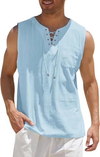 Vista 11 de COOFANDY - Camisetas sin mangas de algodón y lino para hombre, estilo hippie, con diseño de encaje, para la playa, estilo bohemio, renacentista