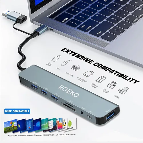 Vista 3 de Concentrador USB, adaptador multipuerto USB C, divisor USB con 1 USB 3.0, 4 x USB 2.0, 2 USB C, concentrador USB c para dispositivos MacBook