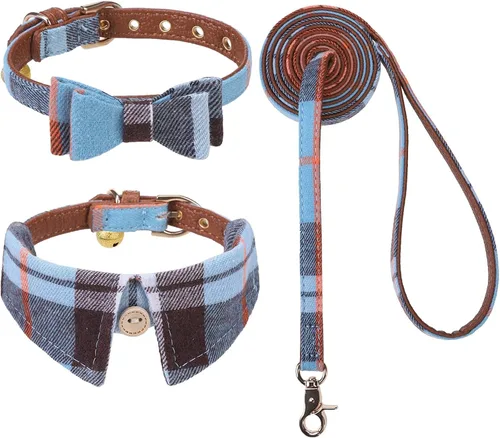 Vista 16 de KOOLTAIL Juego de collar y correa para perro pequeño con corbatín y campanas, lindo collar y correa para cachorros con patrón clásico a cuadros Beige