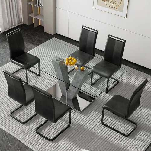 Vista 14 de Juego de mesa de comedor de cristal de 71 pulgadas para 4, juego de mesa de cocina moderno para 4, juego de mesa de comedor para el hogar