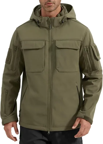 Vista 15 de FREE SOLDIER Chaqueta impermeable Softshell con forro polar para hombre, chaqueta táctica militar con capucha rompevientos Negro