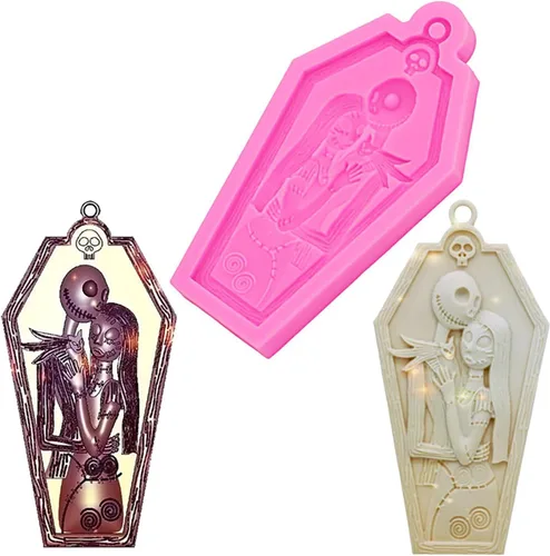 Vista 4 de Molde de silicona con agujero para llavero con forma de corazón con diseño de calavera para Halloween, manualidades, dulces, postres, aretes
