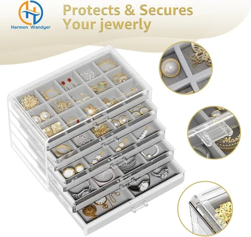 Vista 3 de Harmon Wandyer Organizador de joyas de acrílico con 5 cajones, organizador de almacenamiento de aretes transparente para mujeres y niñas, gris