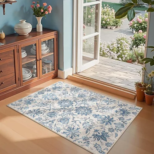 Vista 57 de jinchan Lima - Alfombra simétrica floral geométrica lavable, alfombra de entrada de medio círculo de 2 x 3, alfombra de media luna, suave y Azul
