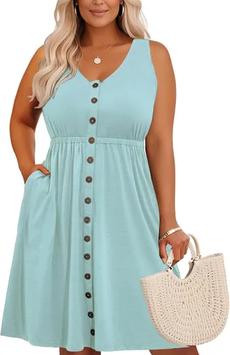 Vista 46 de Holipick Vestidos de verano para mujer, talla grande, casual, con bolsillos, acampanado, con botones, sin mangas, cuello en V